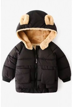 Чорна дитяча демісезонна куртка з капюшоном вушками ведмедик